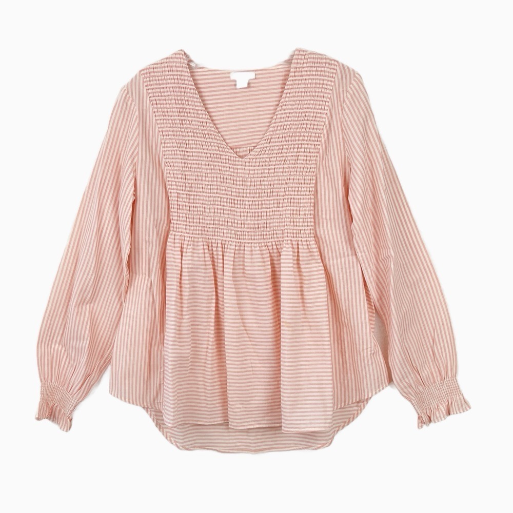 SUNDANCE Boho Peasant Long Sleeve Pink Peach Stripe Smocked V Neck Size Medium‎